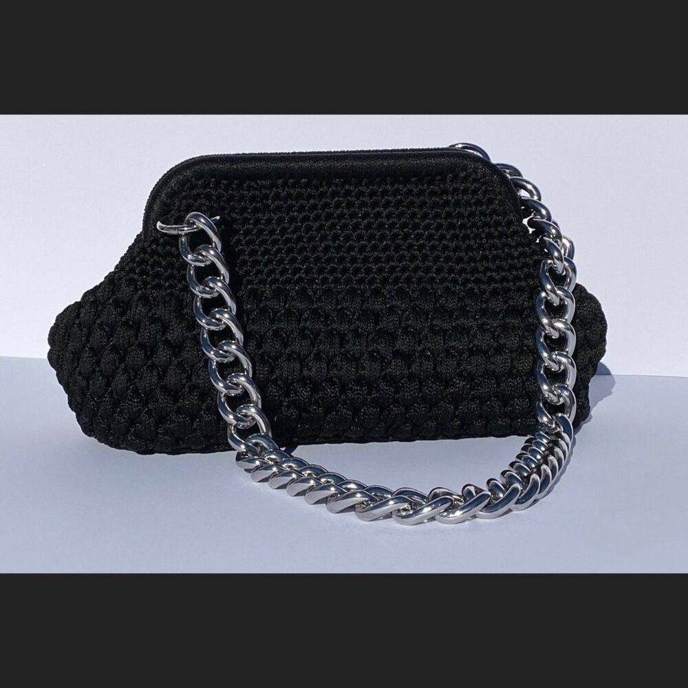 Small Black Crochet Handmade Shoulder Bag Silver Chain Everyday Minimalist Purse